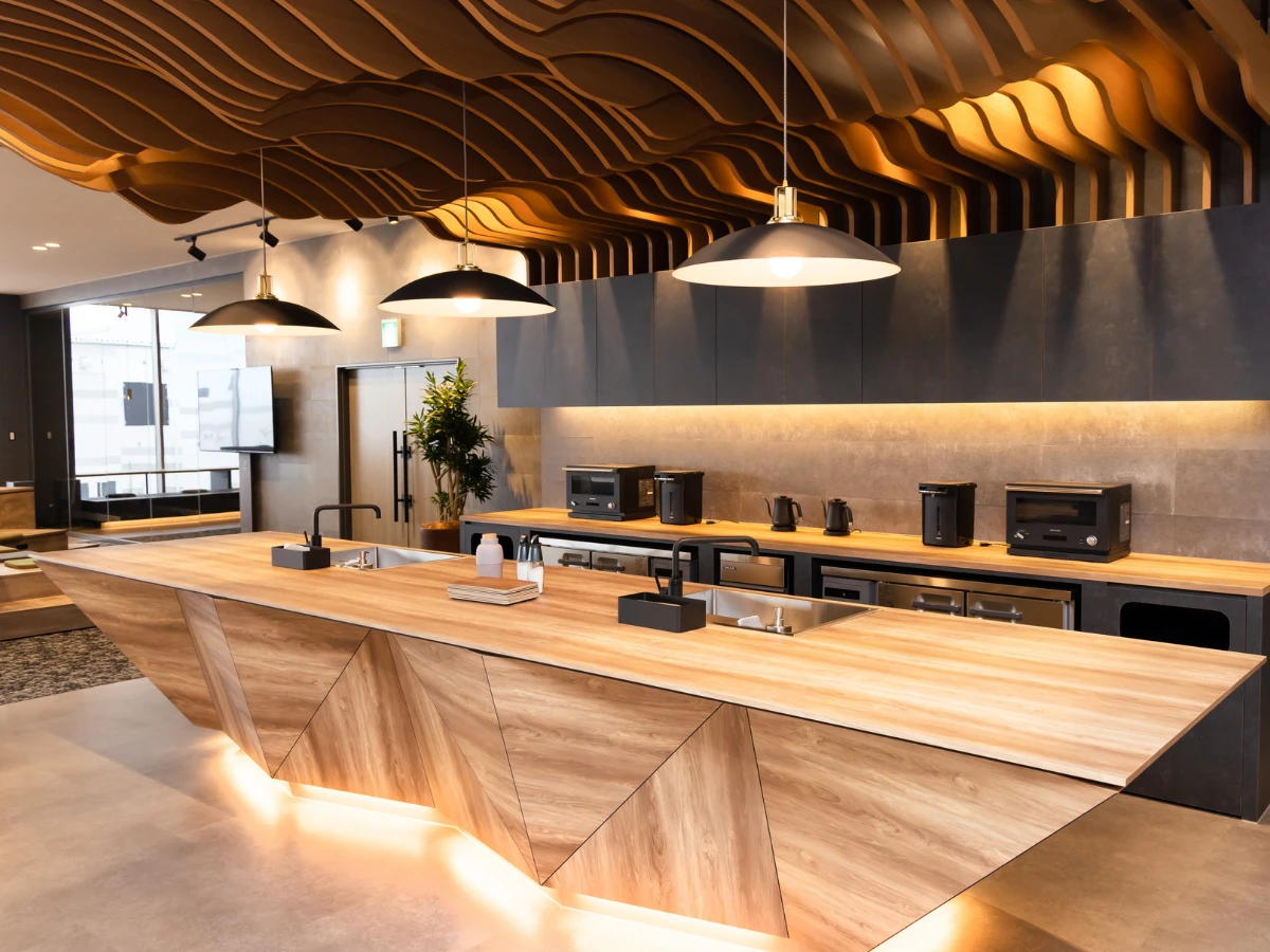 木目調のアイランドキッチンと、波打つようなデザインの天井が印象的なラウンジエリア