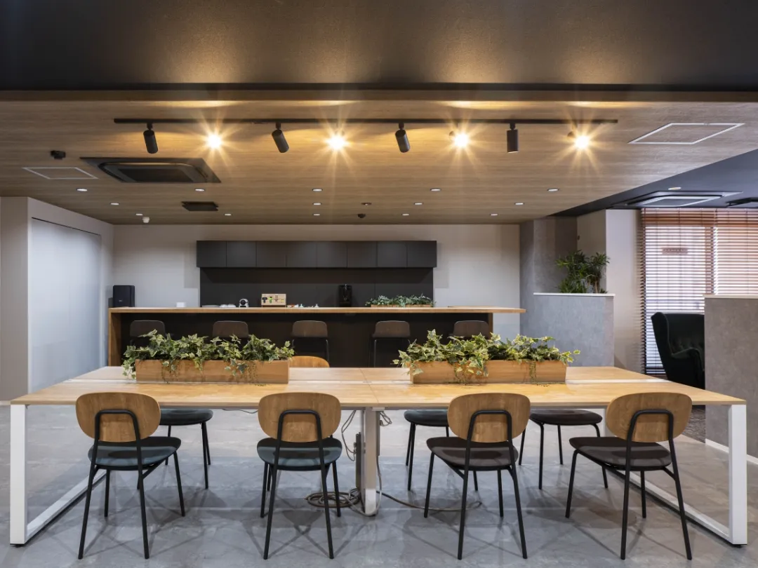 カフェのようなコワーキングスペース。長い木製テーブルに観ợ植物、奥にはカウンターキッチンとスポットライト照明